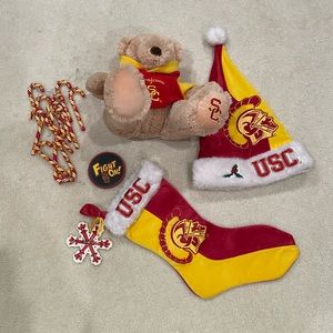 USC Holiday LOT  - Christmas stocking, alumni bear, christmas hat and usc cane